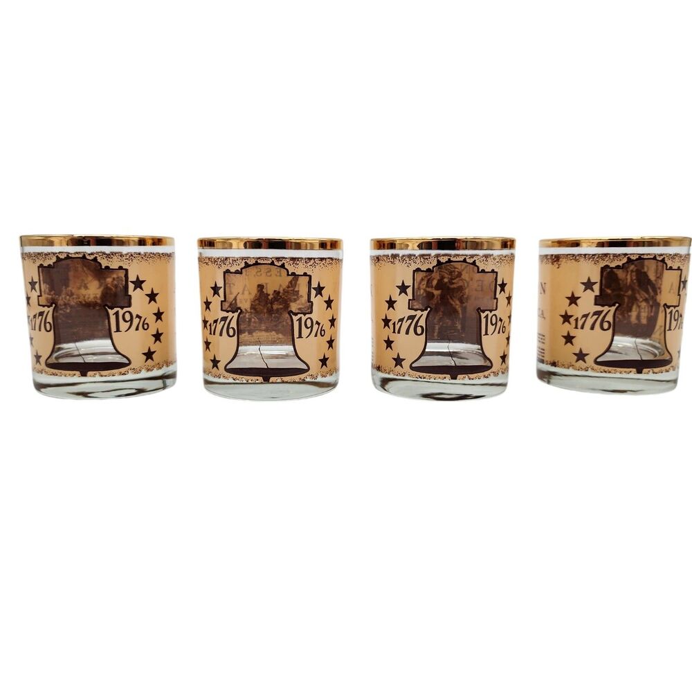 Vintage 1776-1976 Bicentennial Liberty Bell Rocks Glasses Set of 4 Gold Rim USA